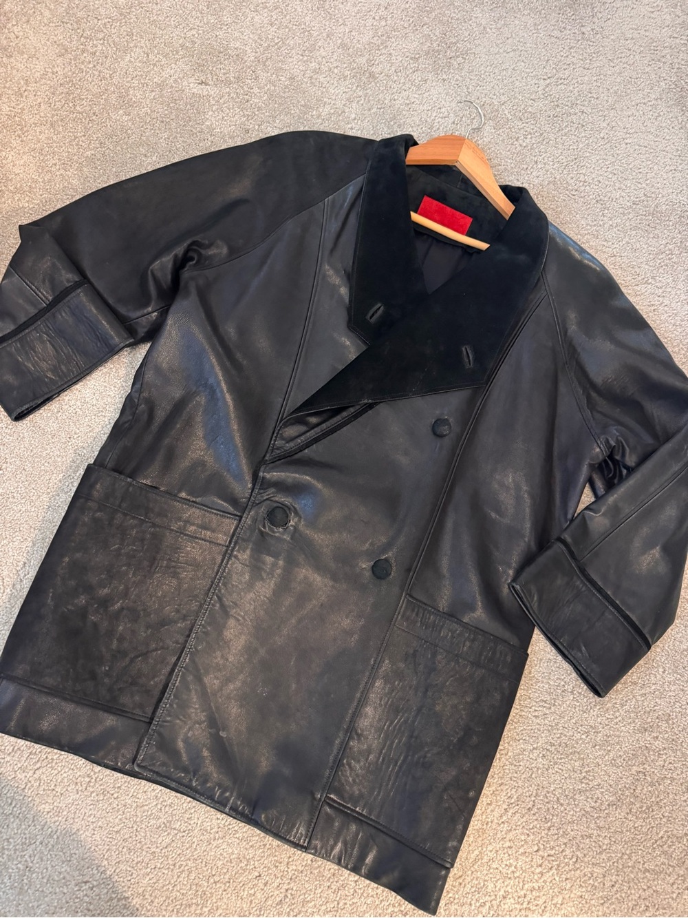 Men's Black Leather Double-Breasted Pea Coat with Suede Collar